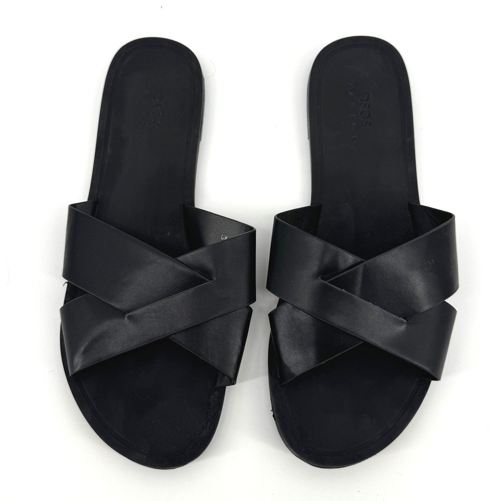 ASOS Slide Sandals Womens 9 Black Crossover Wide Fit Flat Minimalist Slide Boho